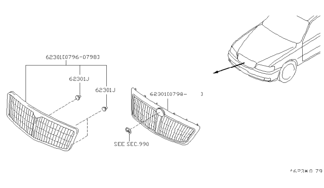1999 Infiniti Q45 Front Grille Assembly Diagram for 62310-6P125