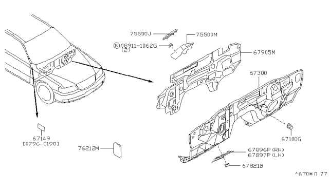 1998 Infiniti Q45 Insulator-Dash Lower,LH Diagram for 67355-6P100