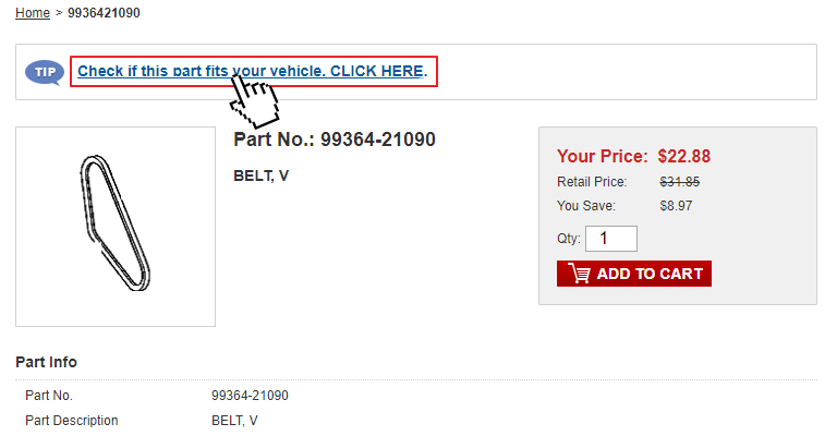 How do I verify if the part number selected will fit my vehicle?